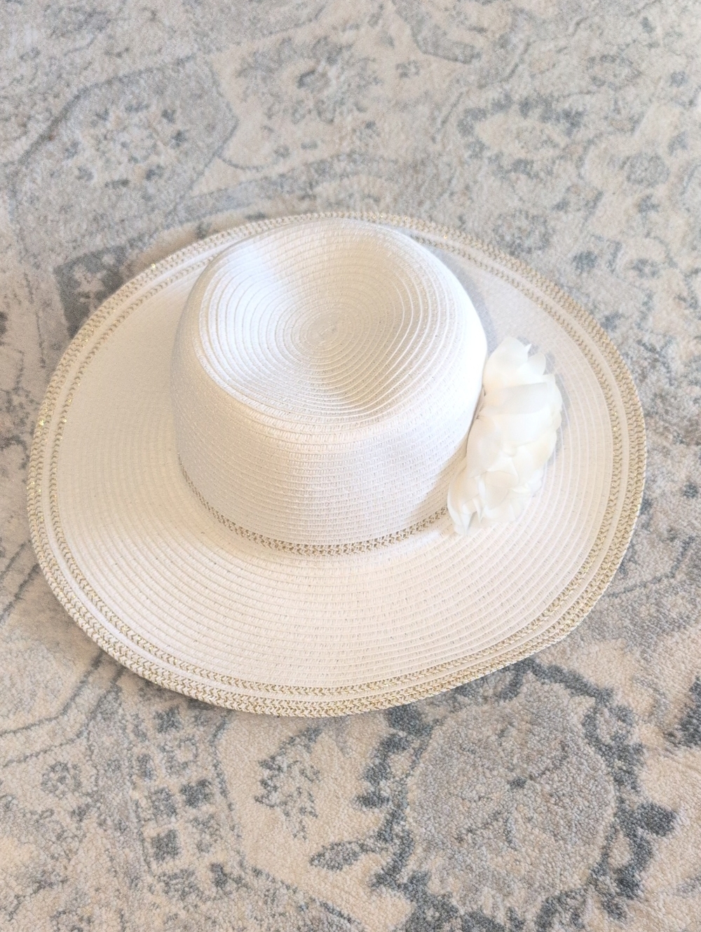 Gymboree 6-8y White Wide-Brim Sun Hat with Flower And Metallic Gold